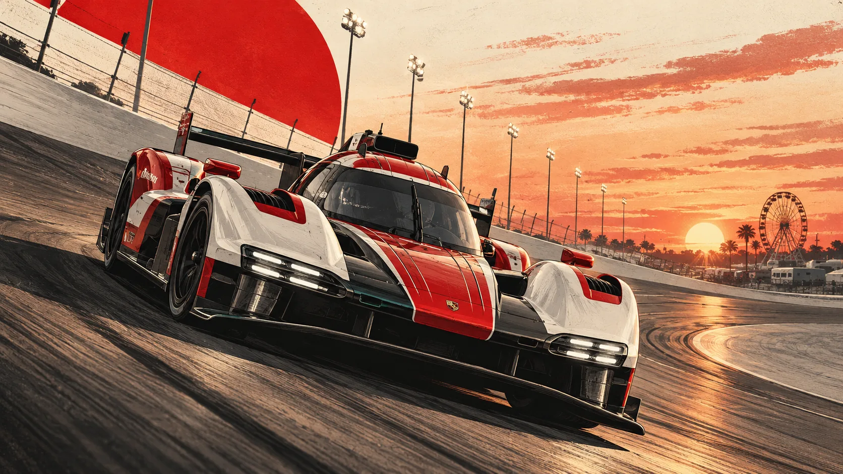 Prototype Porsche 963 sur le virage relevé de Daytona au lever du soleil