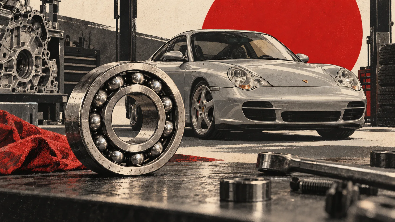 Porsche 911 996 grise dans un atelier, un gros roulement à billes au premier plan