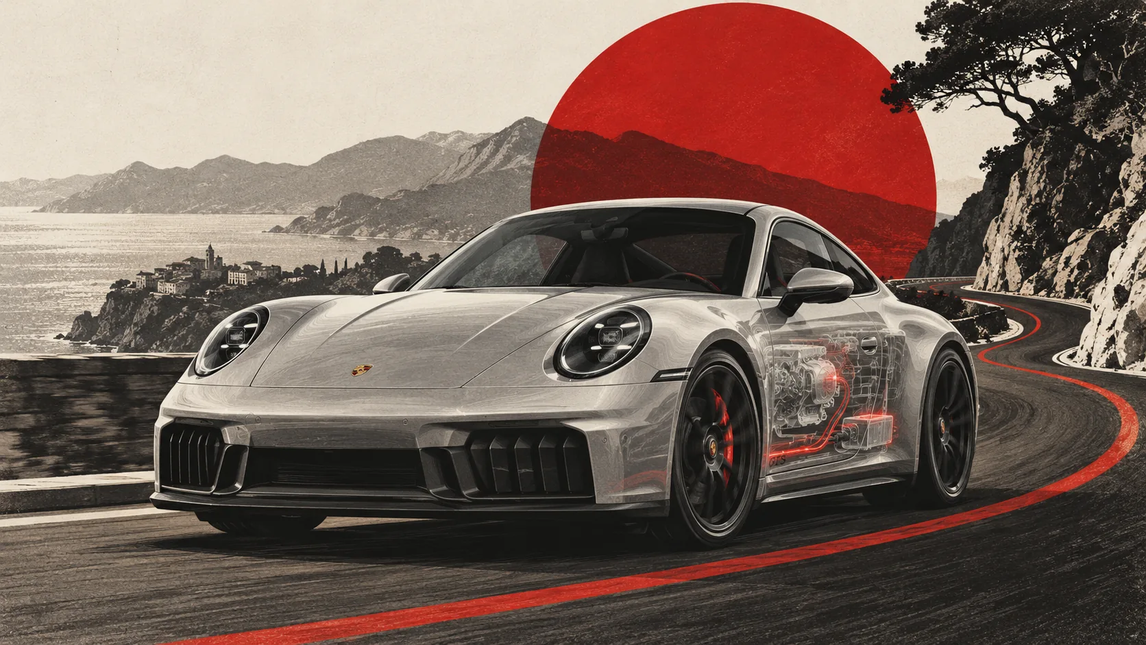 Porsche 911 Carrera GTS grise sur une route en lacets, son système hybride dessiné en transparence