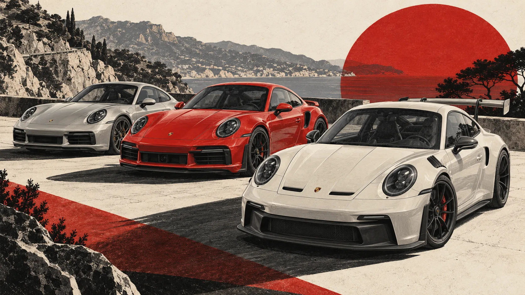 Trois Porsche 911 côte à côte : une Carrera grise, une Turbo rouge et une GT3 blanche