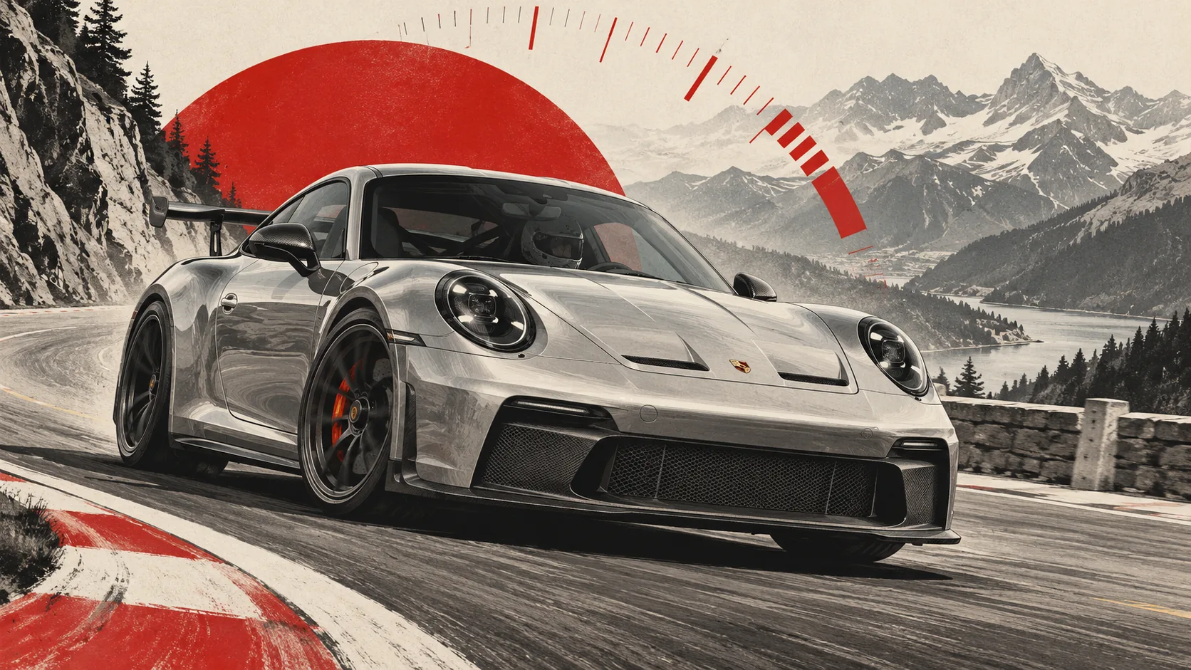 Porsche 911 GT3 992.2 grise dans un virage de col de montagne