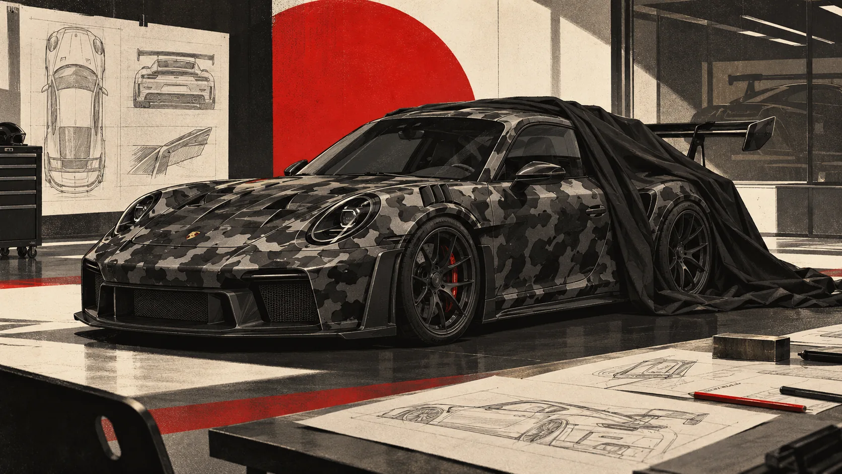 Porsche 911 GT3 RS camouflée, à demi bâchée, dans un studio de design