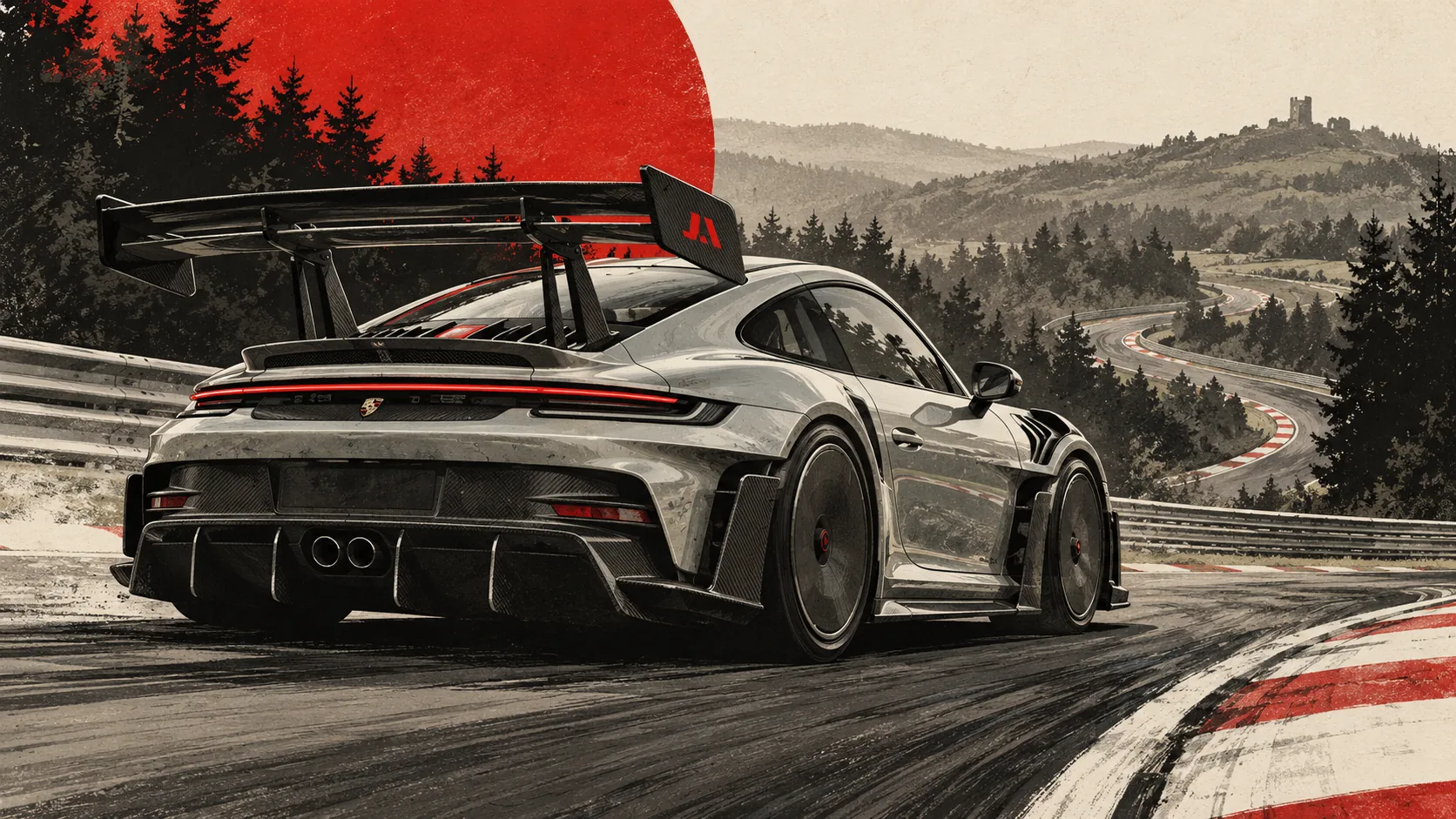Porsche 911 GT3 RS avec kit Manthey, vue de trois quarts arrière sur le Nürburgring