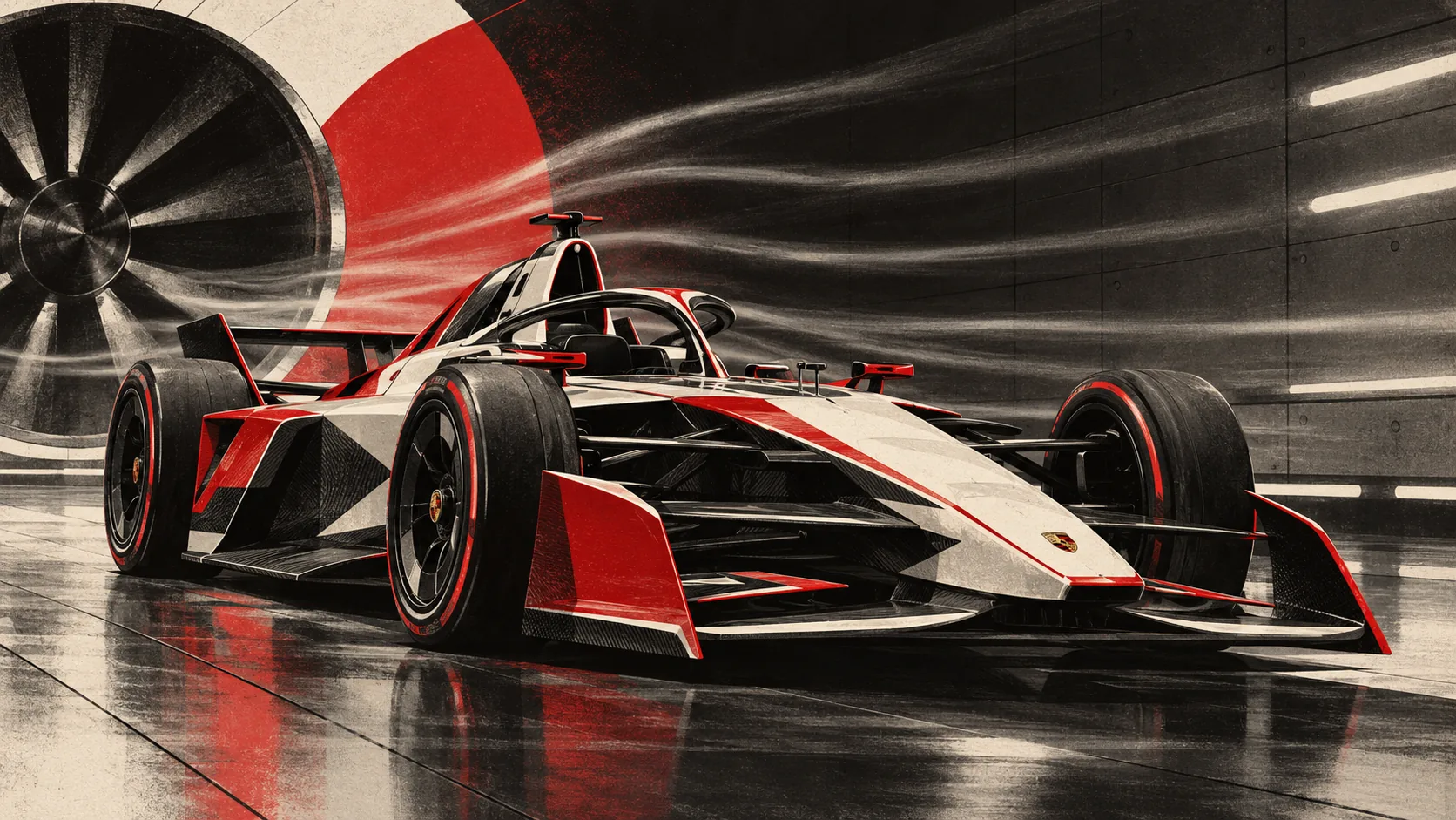 Monoplace Porsche de Formula E en soufflerie, carrosserie rouge, blanche et noire