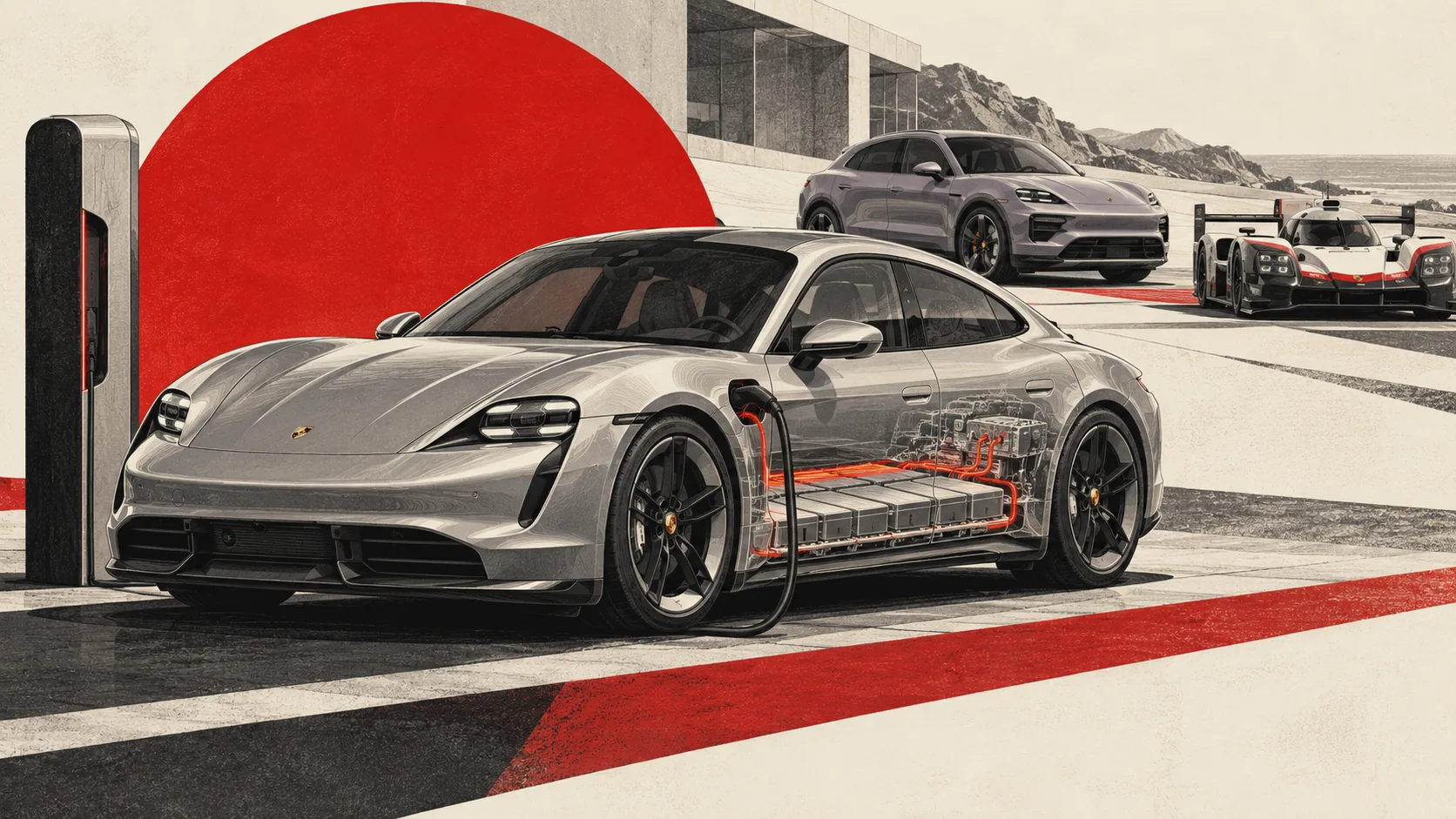 Porsche Taycan grise en recharge, sa batterie dessinée en transparence sous le plancher