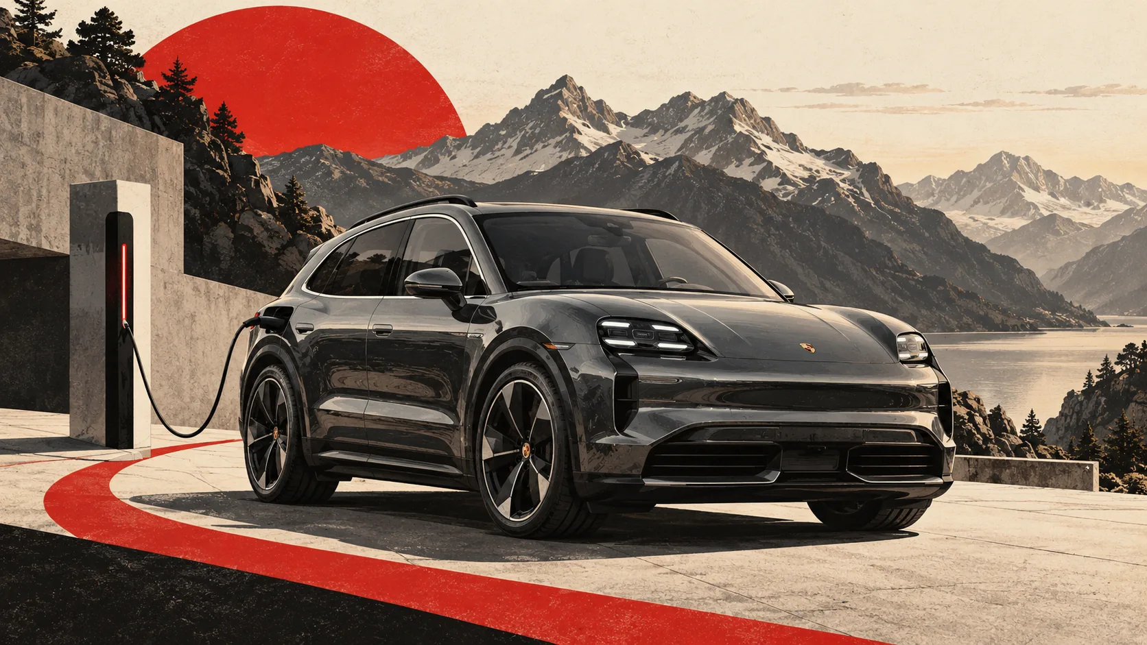 Porsche Cayenne électrique gris foncé en recharge, devant des montagnes