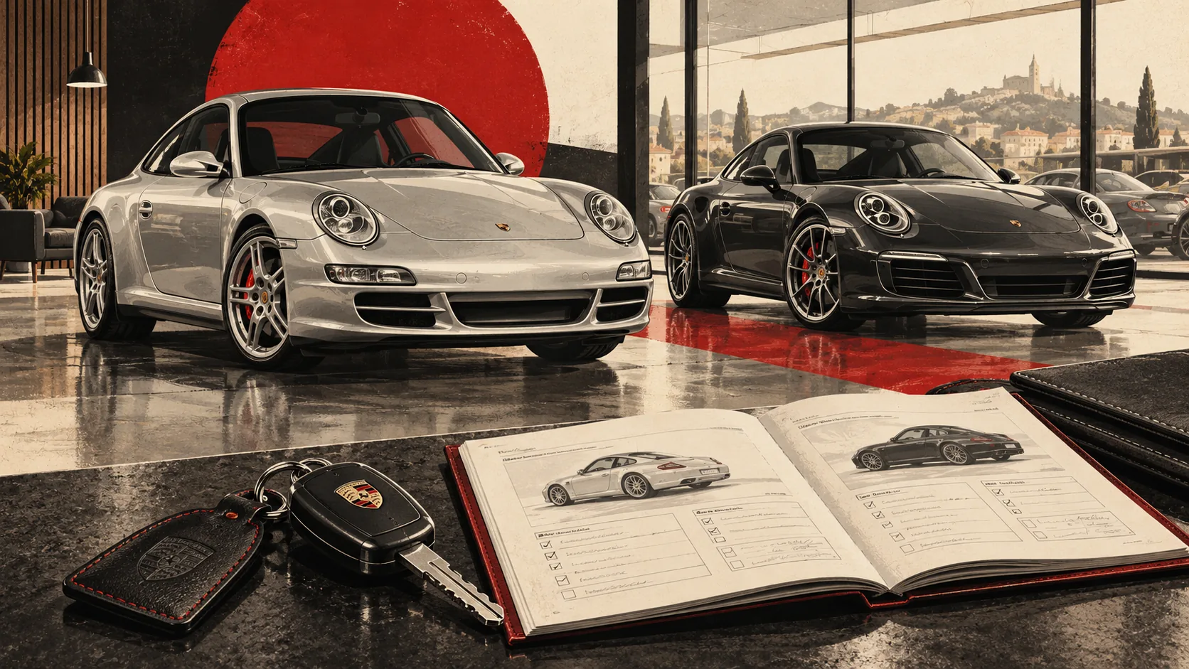Porsche 911 997 grise et 991 noire dans un showroom, une clé et un guide d’achat au premier plan