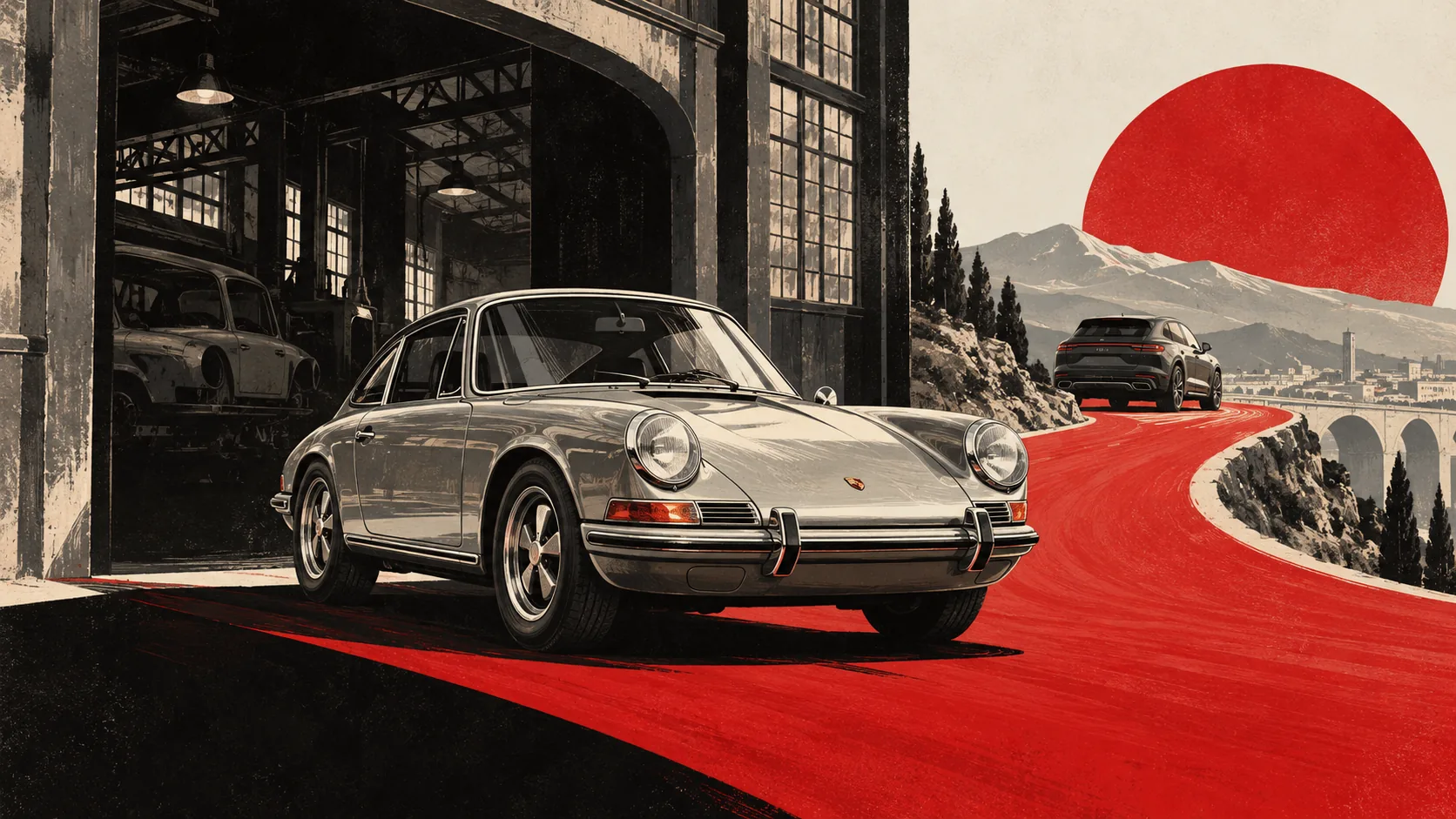 Porsche 911 ancienne grise sortant d’une usine sur une route rouge, un Cayenne au loin