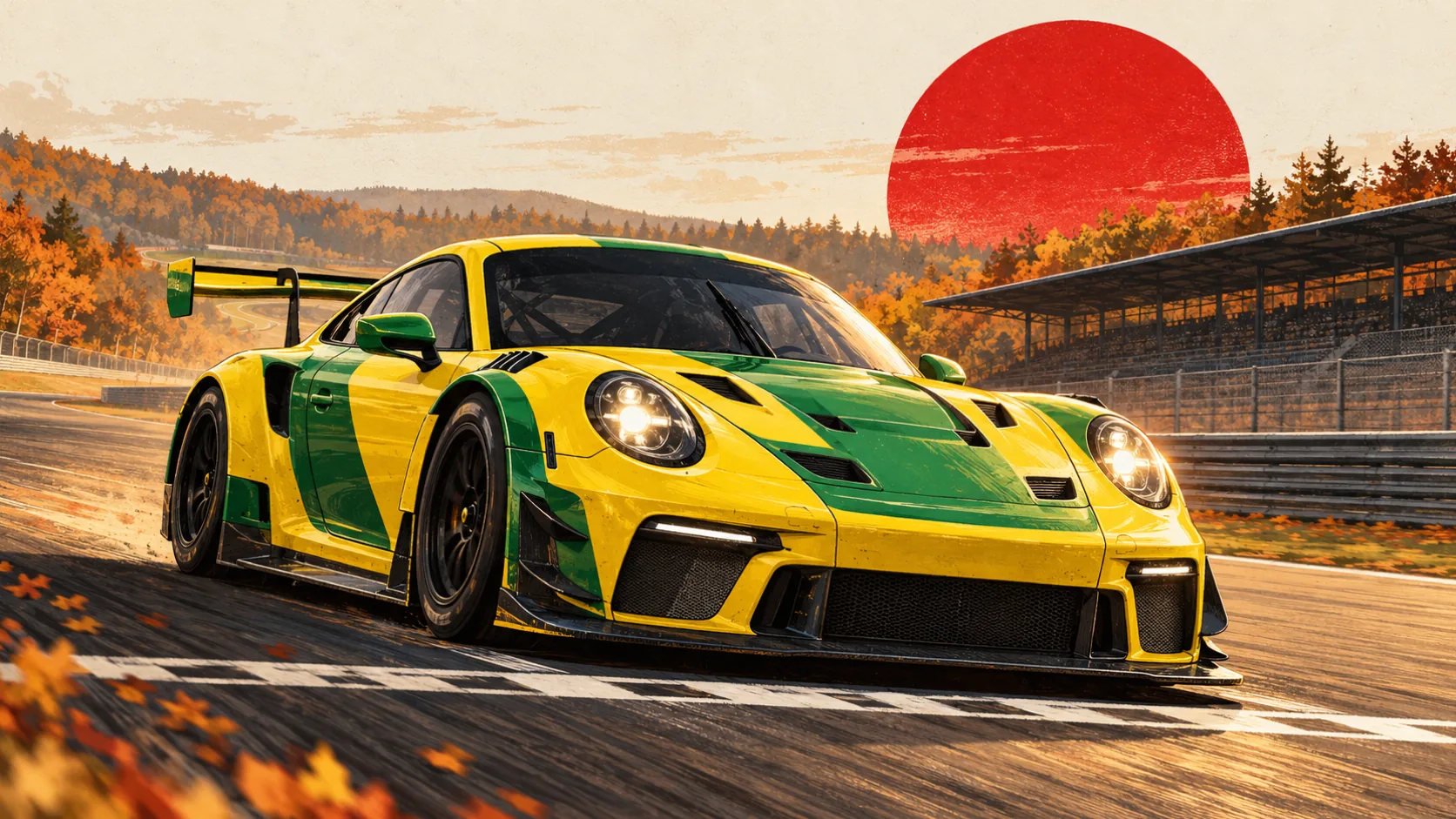 Illustration : une Porsche 911 GT3 R jaune et verte franchit la ligne d'arrivée d'un circuit bordé d'arbres d'automne, sous un grand soleil rouge.