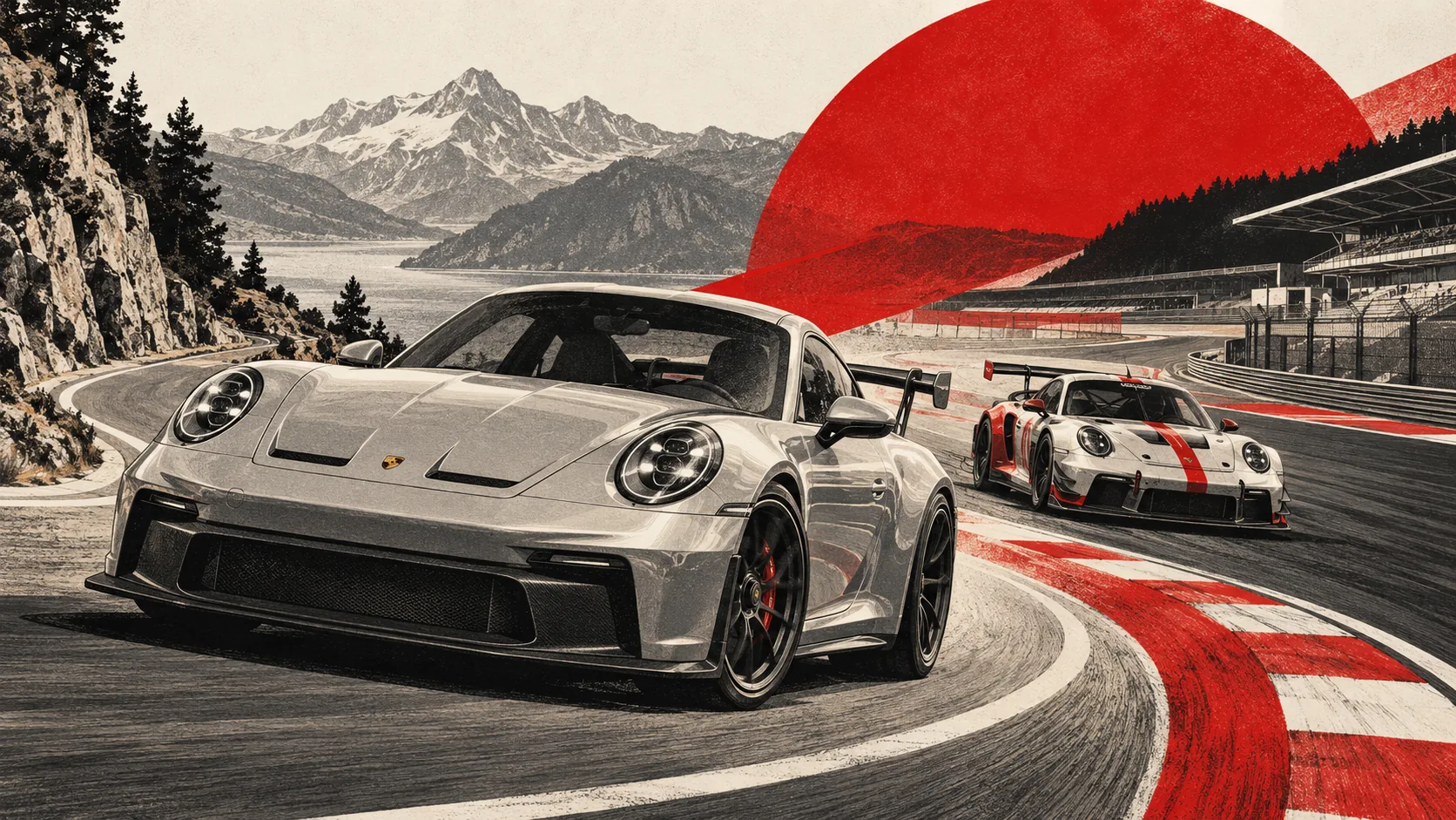 Porsche 911 GT3 grise sur une route qui devient circuit, une 911 de course derrière elle