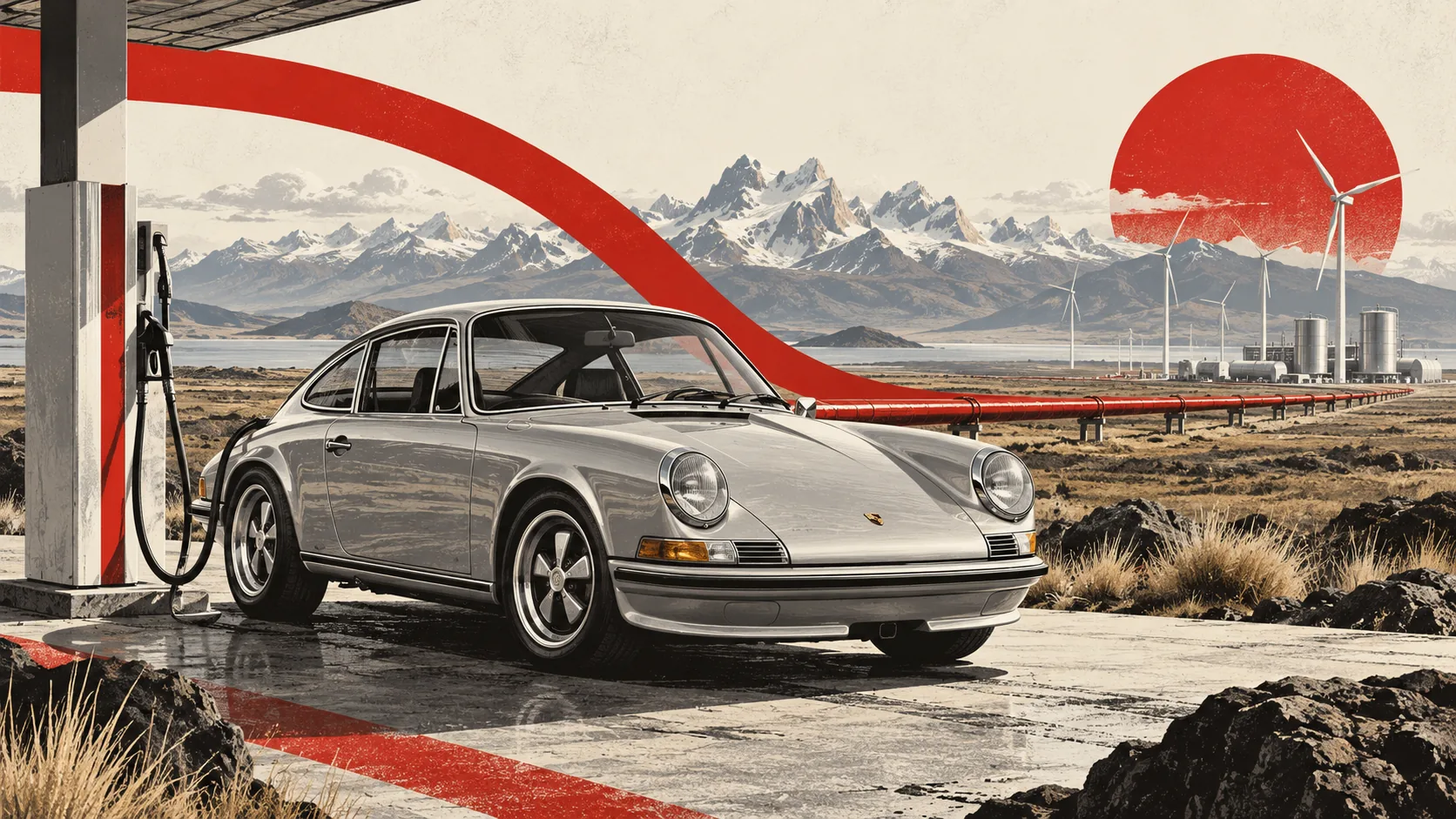 Porsche 911 ancienne grise à côté d’une pompe à carburant, dans une plaine bordée d’éoliennes