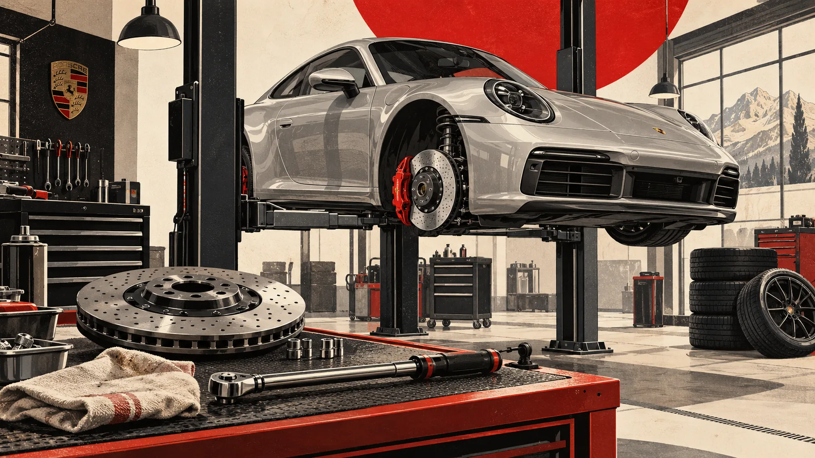 Porsche 911 grise sur un pont élévateur, un disque de frein et une clé dynamométrique sur l’établi