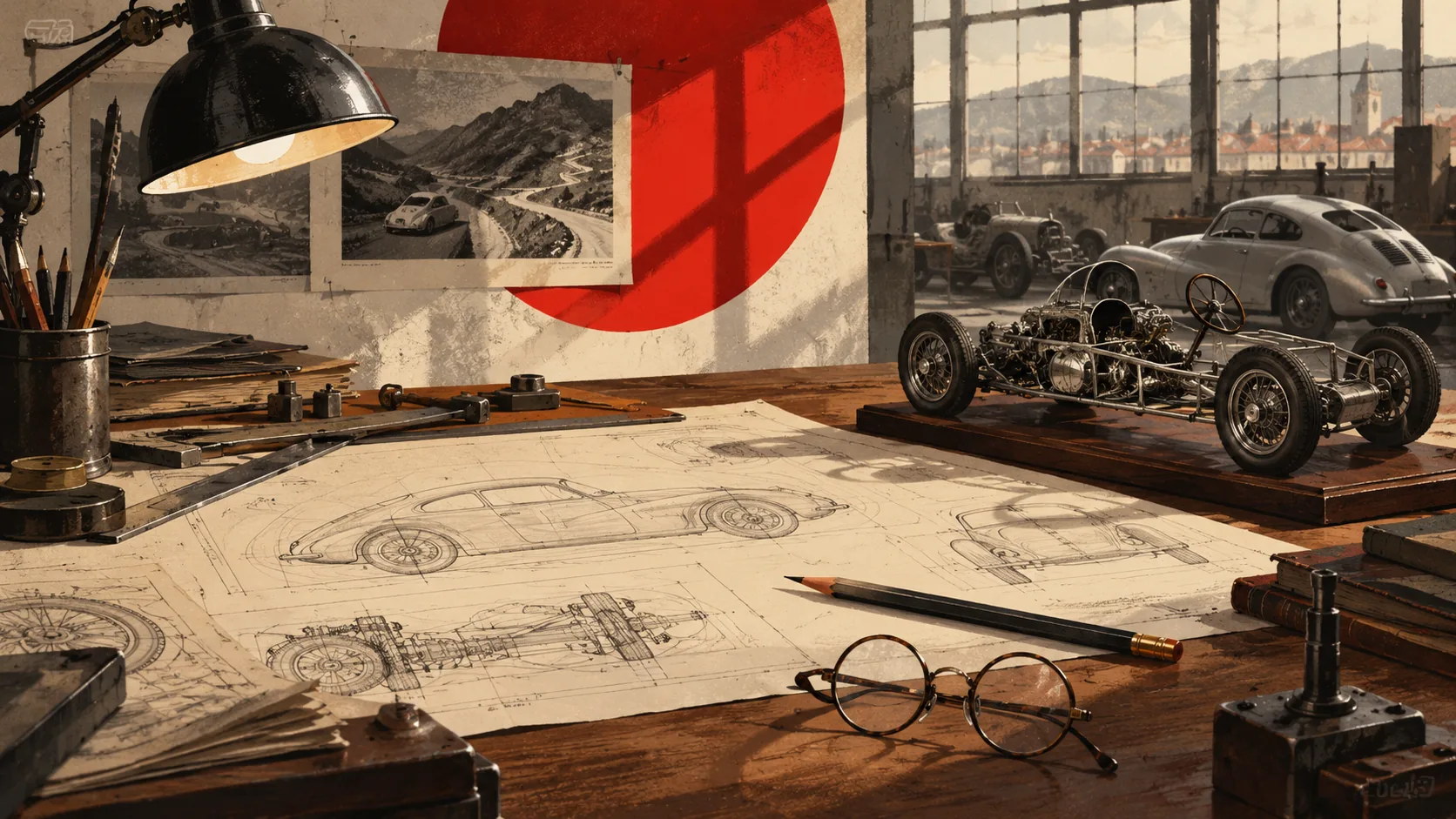 Planche à dessin des années 1930 : plans d’automobile, lunettes rondes, crayon et maquette de châssis