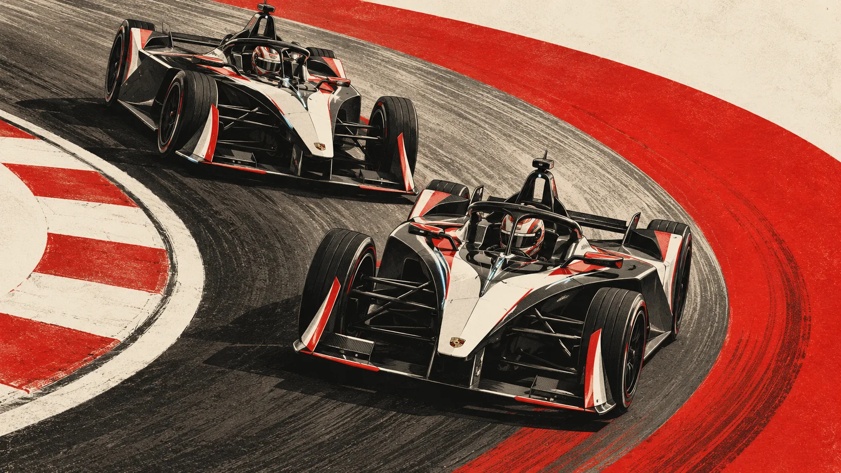 Deux monoplaces Porsche de Formula E dans un virage, vues de haut