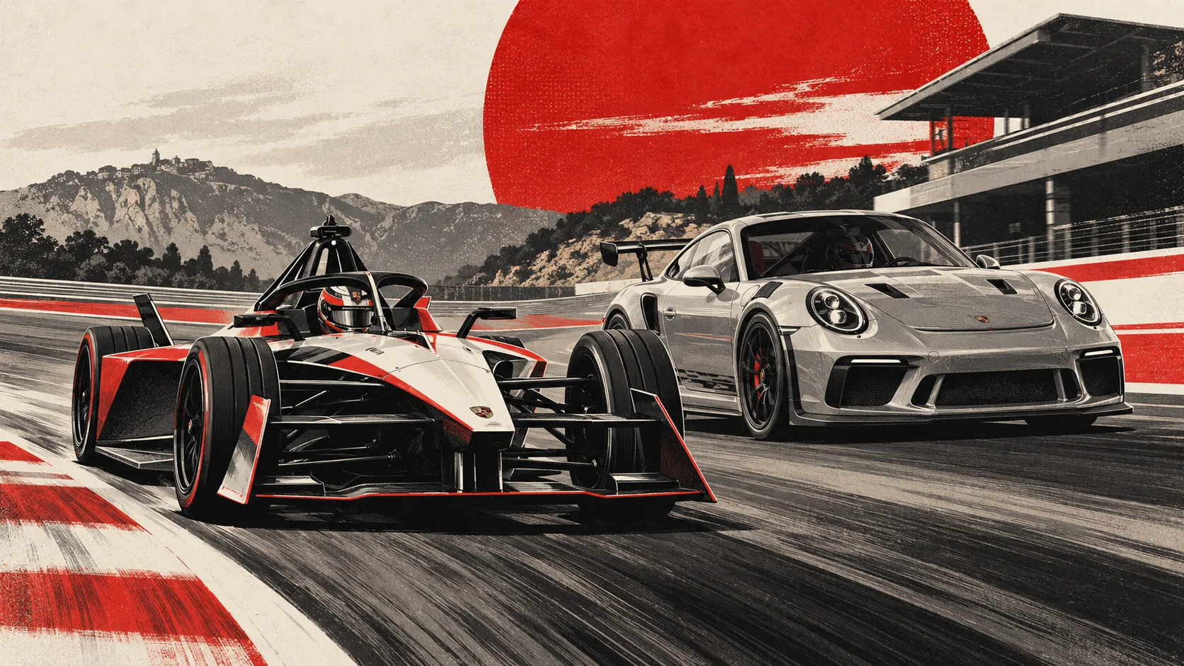Monoplace Porsche de Formula E et Porsche 911 GT3 grise côte à côte sur un circuit
