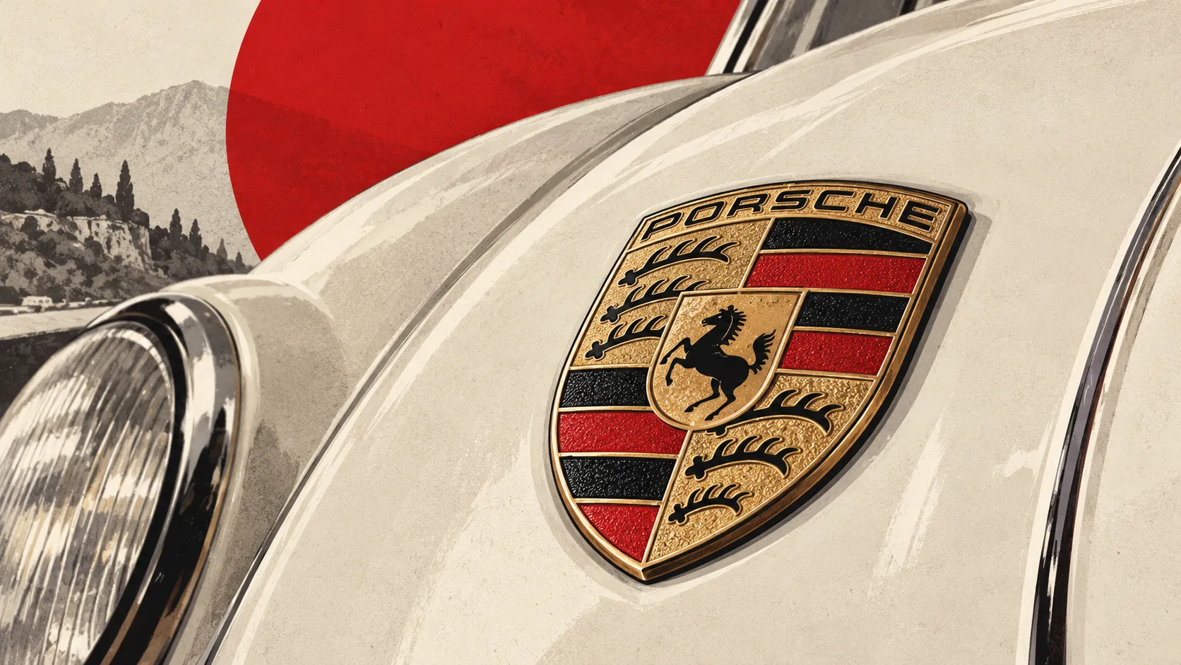 Gros plan sur l’écusson Porsche émaillé, posé sur le capot ivoire d’une Porsche ancienne