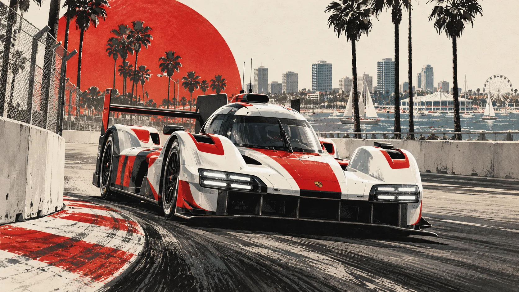 Prototype Porsche 963 blanc et rouge sur le circuit urbain de Long Beach, entre palmiers et port