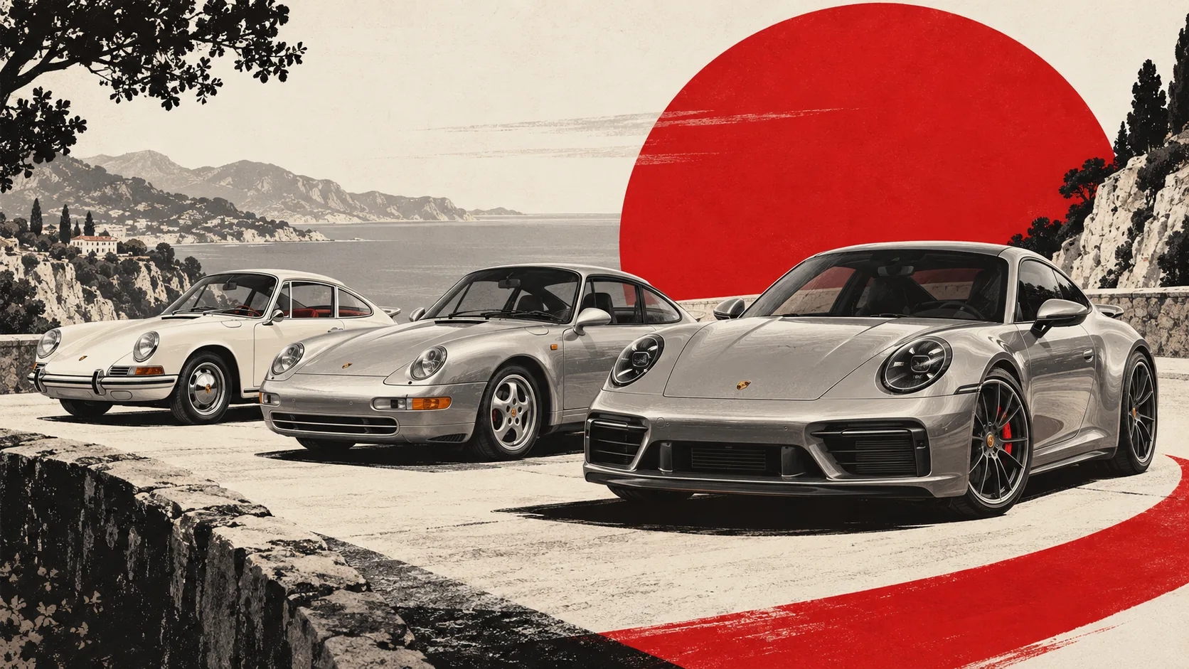 Trois générations de Porsche 911 : une 911 des années 1960, une 993 et une 992