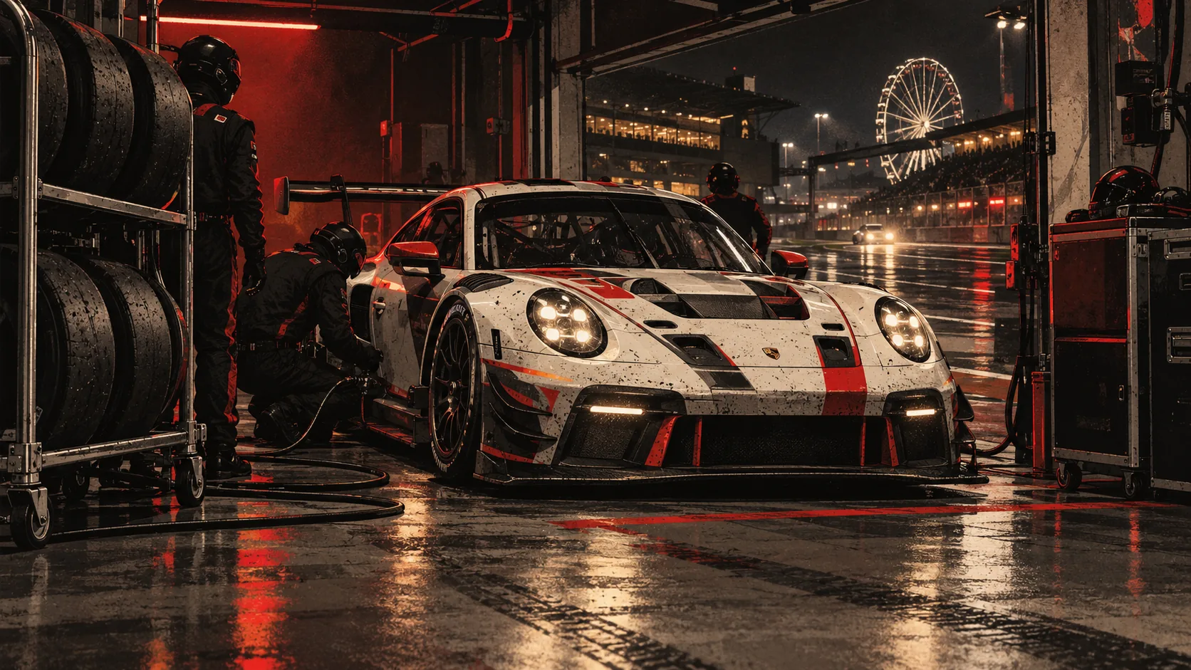 Porsche 911 GT3 R dans son garage des stands, de nuit, pendant l’intervention des mécaniciens