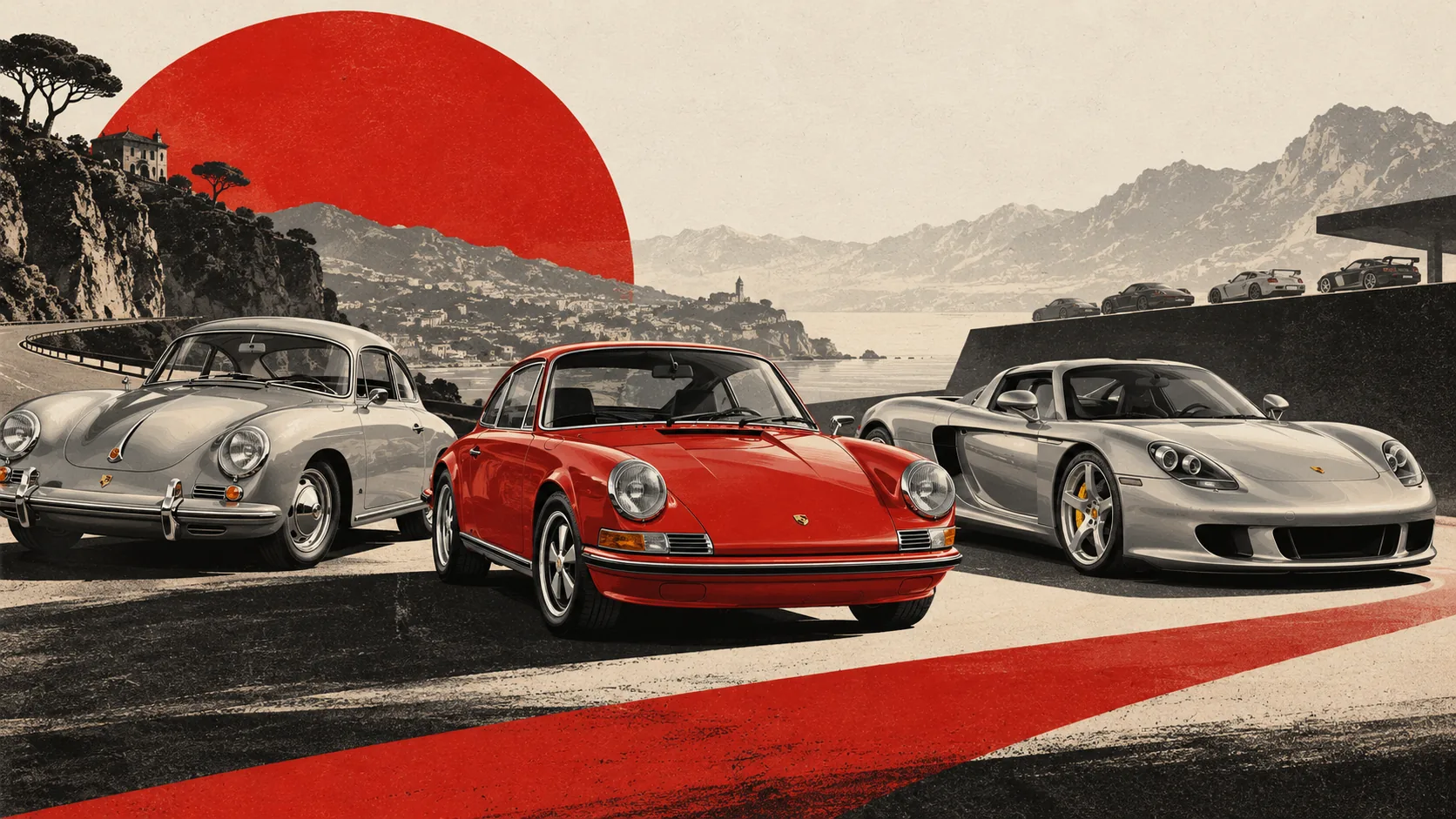 Porsche 356, 911 ancienne rouge et Carrera GT alignées