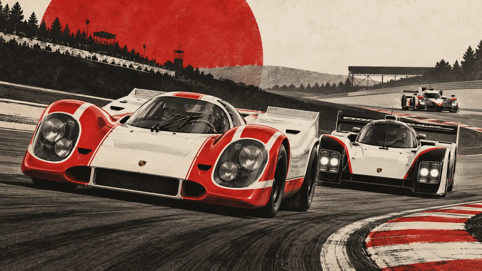 Porsche 917K et 956 en course, une 919 Hybrid au loin