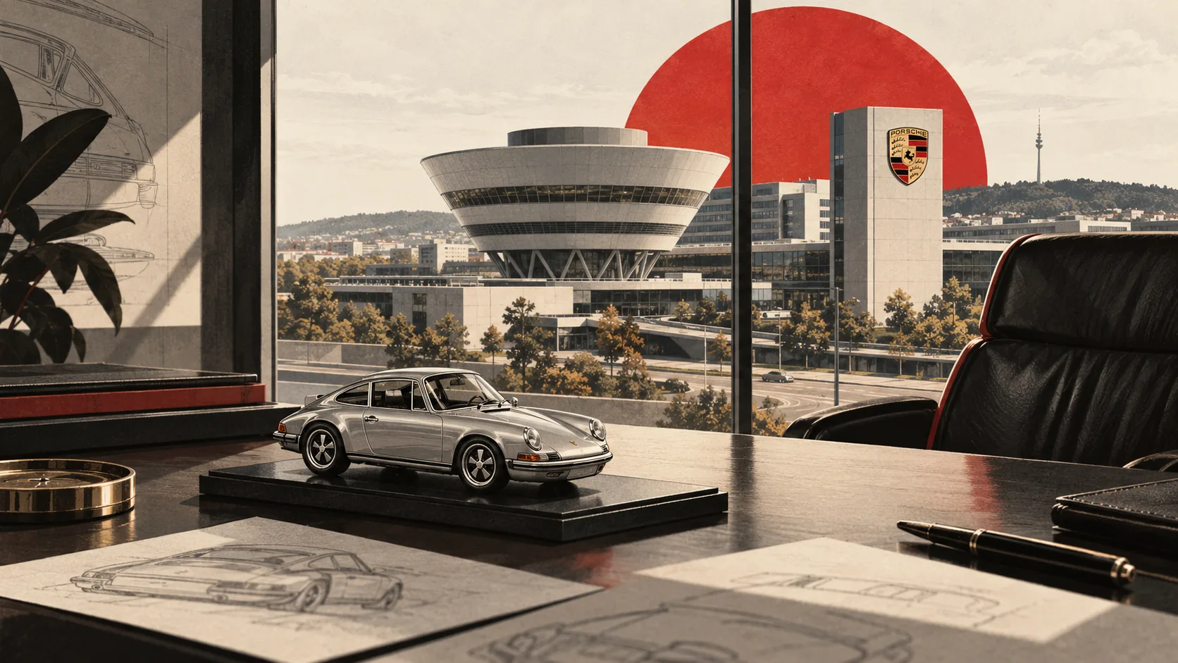 Le siège de Porsche à Stuttgart vu depuis un bureau, une maquette de 911 sur la table