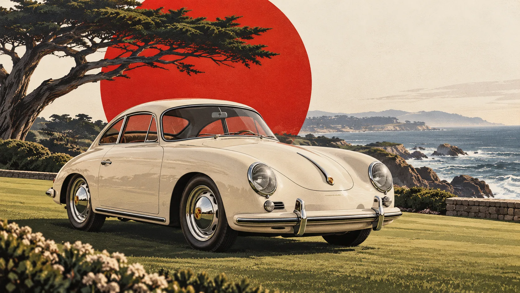 Porsche 356 ivoire sur une pelouse au bord de l’océan, sous un cyprès de Monterey