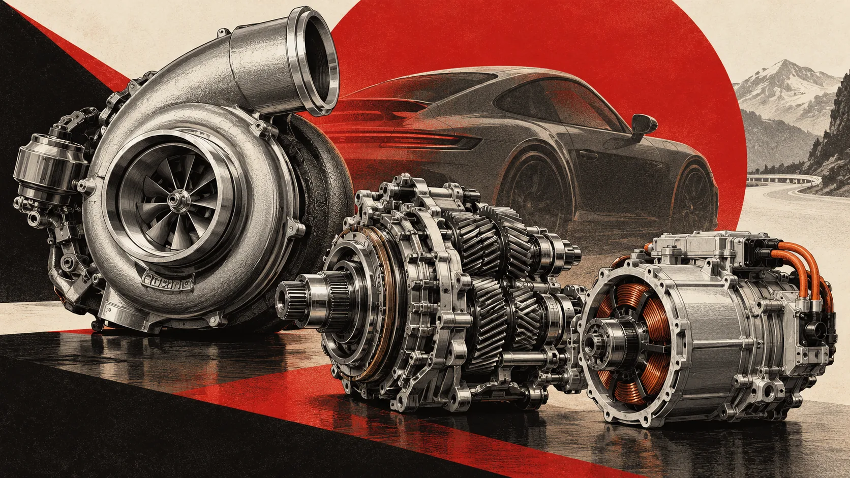 Turbocompresseur, boîte de vitesses et moteur électrique côte à côte, une Porsche 911 en arrière-plan