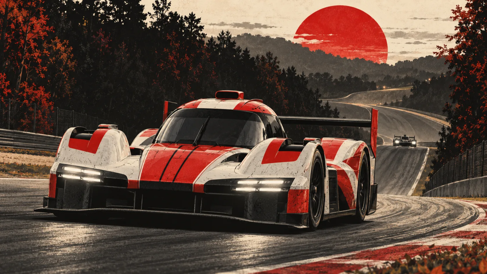 Illustration : une Porsche 963 blanche et rouge mène sur un circuit vallonné bordé d'arbres d'automne, sous un grand soleil rouge, une autre voiture au loin.