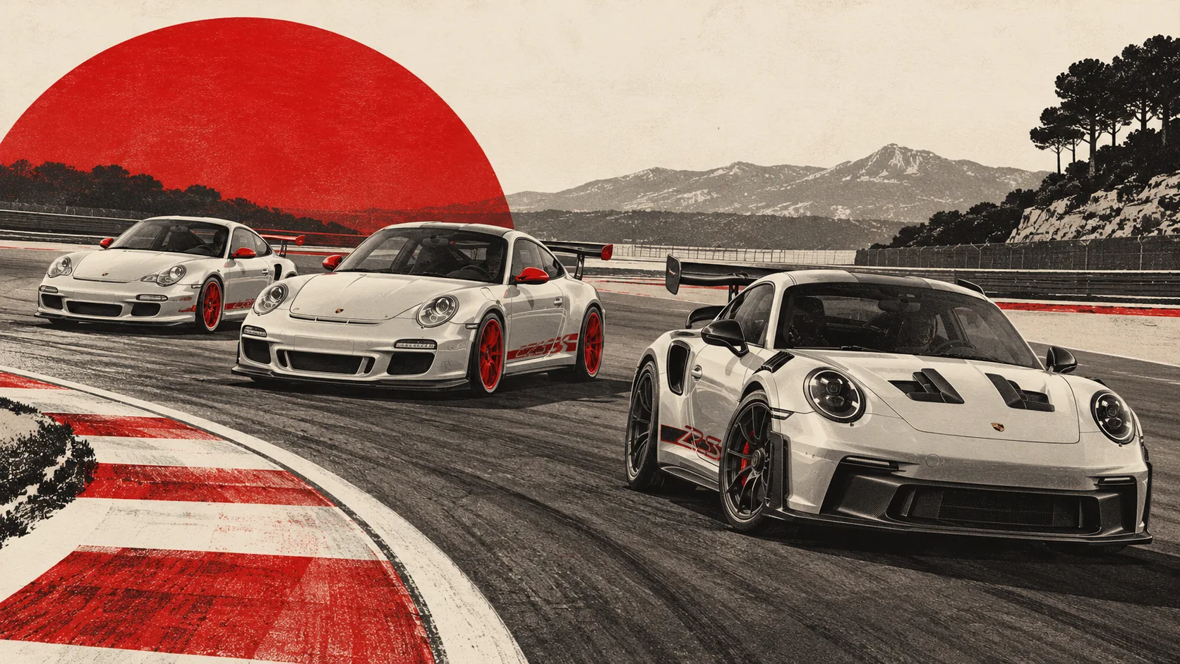 Trois générations de Porsche 911 GT3 RS blanches et rouges sur un circuit