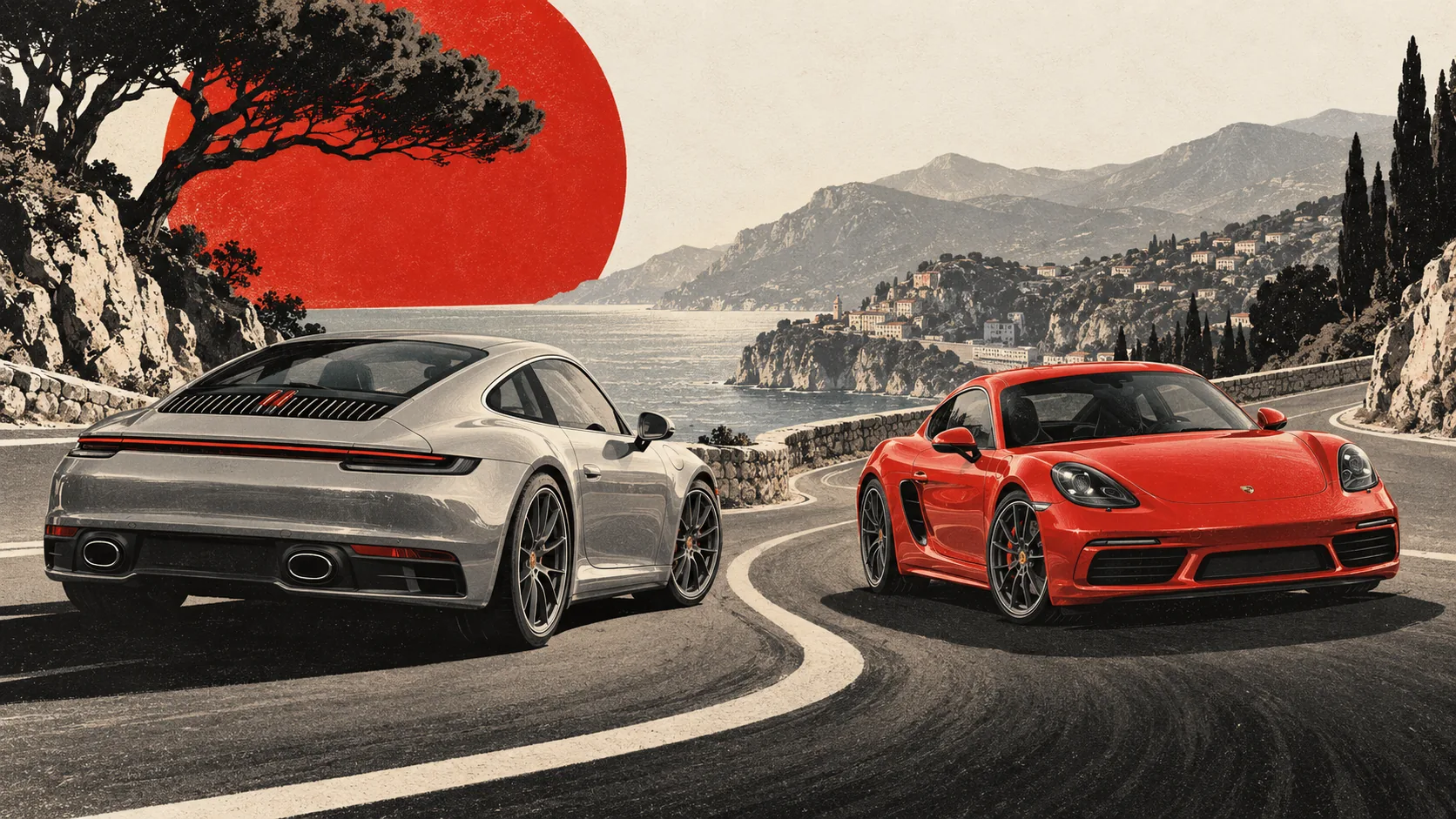 Porsche 911 grise et 718 Cayman rouge sur une route côtière