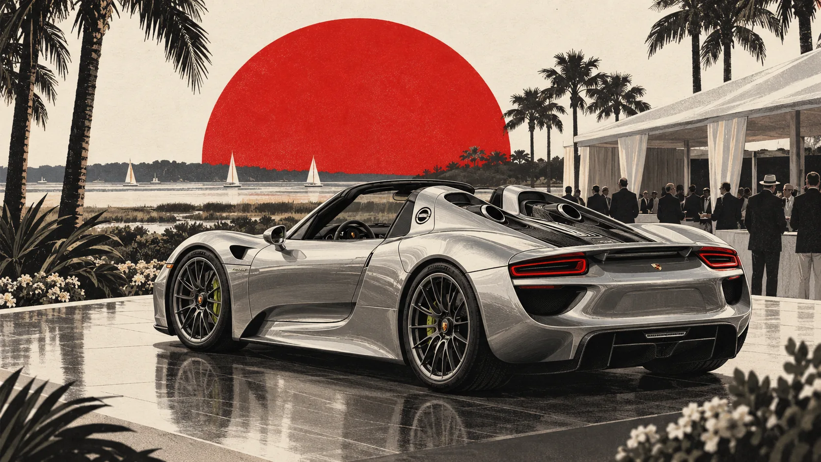 Porsche 918 Spyder grise décapotée devant le pavillon d’une vente aux enchères, entre les palmiers