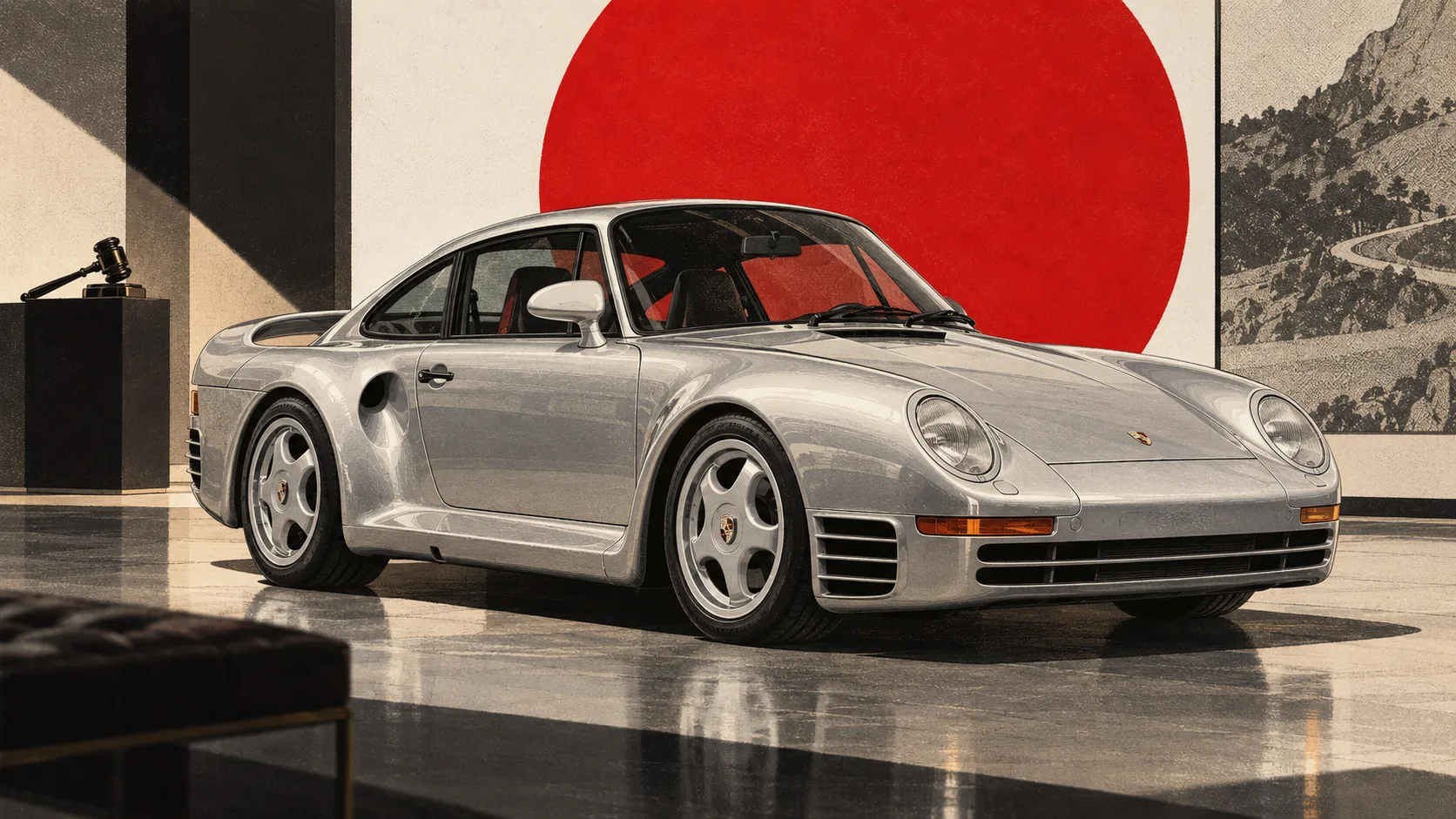 Porsche 959 grise dans une galerie de collectionneur, un marteau d’enchères en arrière-plan