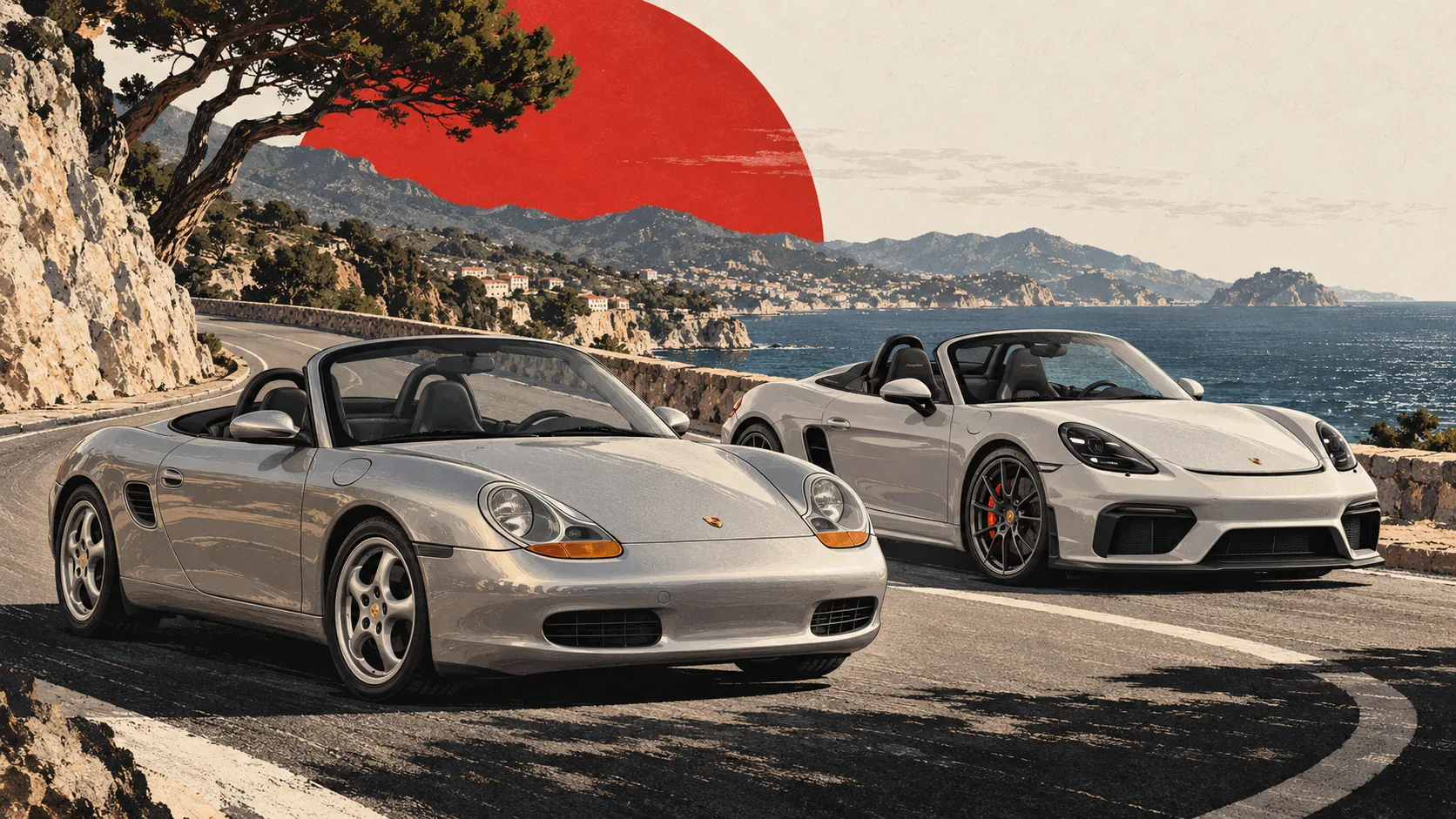 Porsche Boxster 986 grise et 718 Spyder blanche décapotées sur une route en corniche