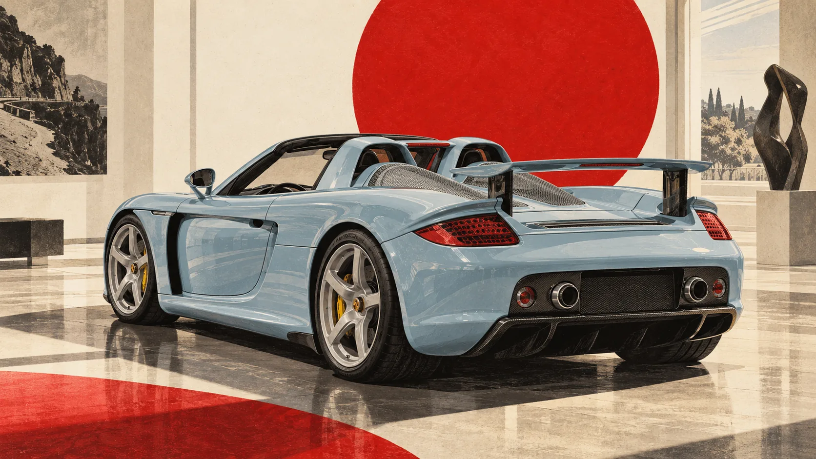 Porsche Carrera GT bleu pâle vue de trois quarts arrière dans une galerie