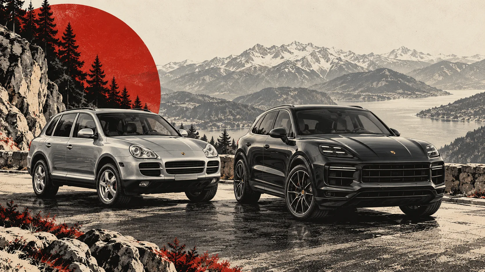 Porsche Cayenne de première génération gris et Cayenne actuel noir, devant un lac de montagne