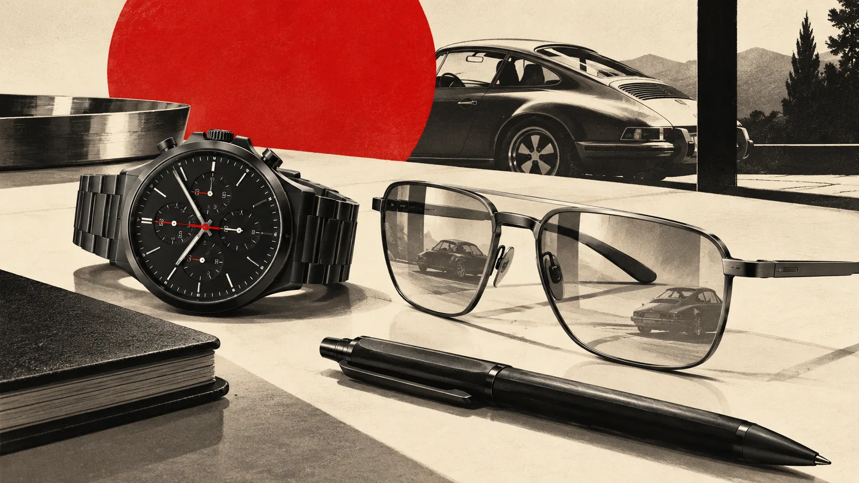 Chronographe noir, lunettes et stylo Porsche Design sur un bureau, une 911 en arrière-plan