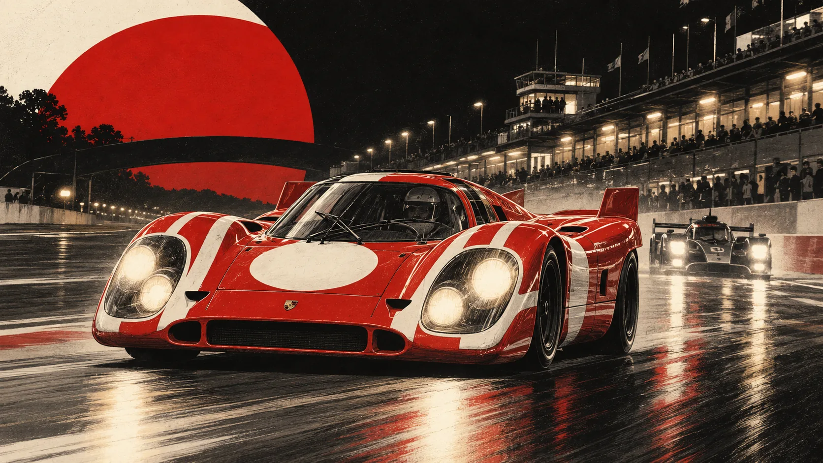 Porsche 917K rouge et blanche de nuit dans la ligne droite des stands du Mans