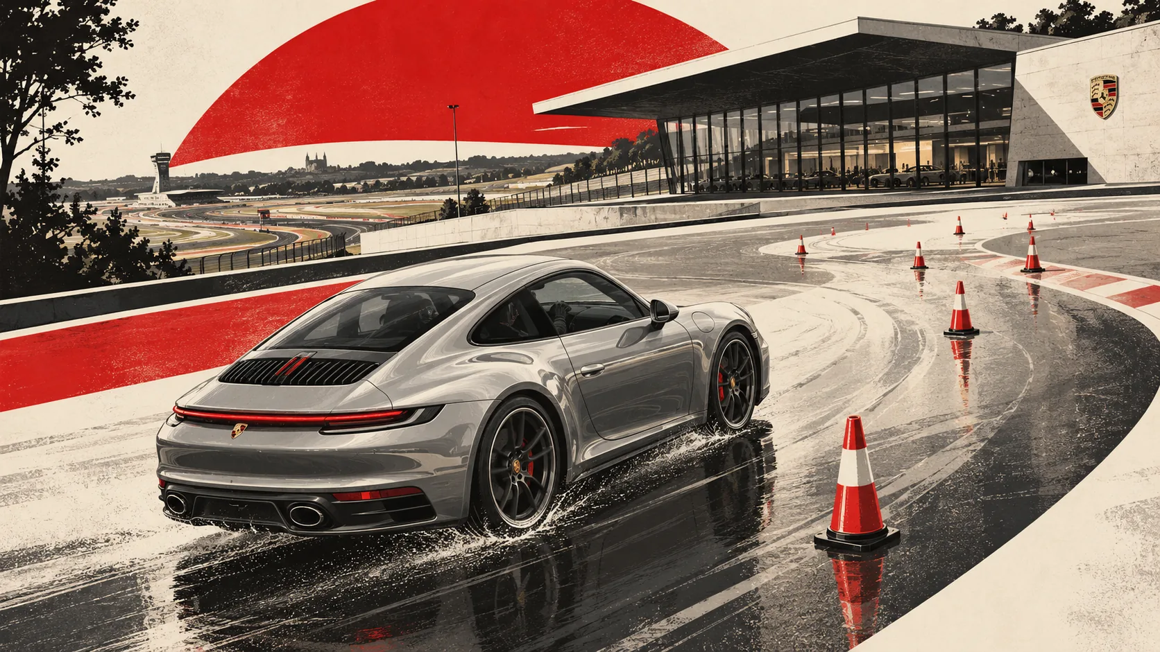 Porsche 911 grise sur la piste mouillée d’un centre de pilotage, entre des plots orange