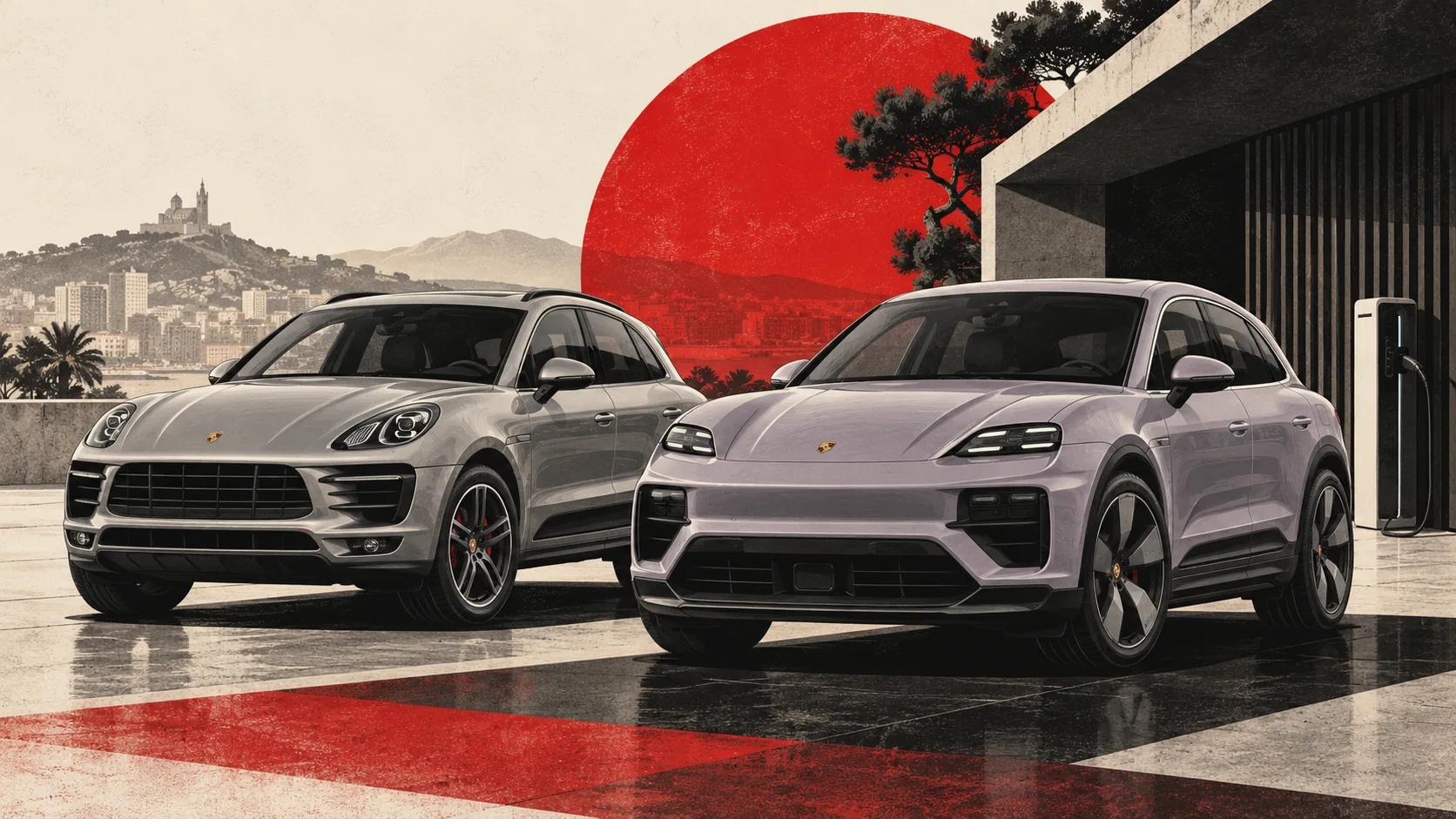 Porsche Macan thermique gris et Macan électrique mauve devant une borne de recharge
