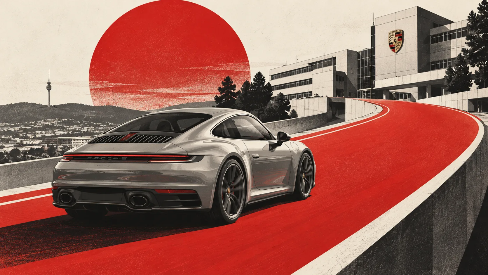 Porsche 911 grise de dos sur une route rouge qui monte vers un bâtiment Porsche à Stuttgart