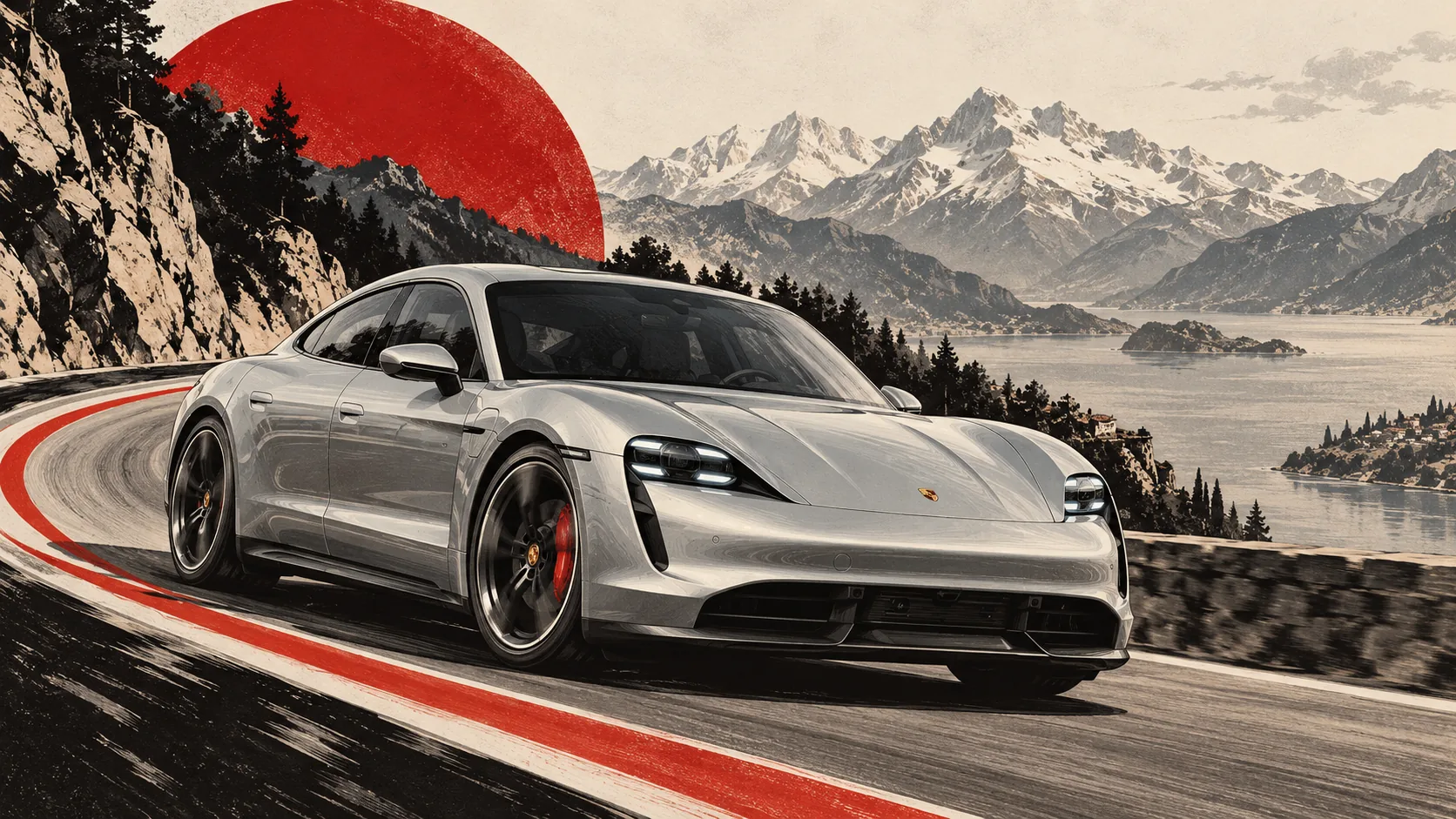 Porsche Taycan grise sur une route de montagne