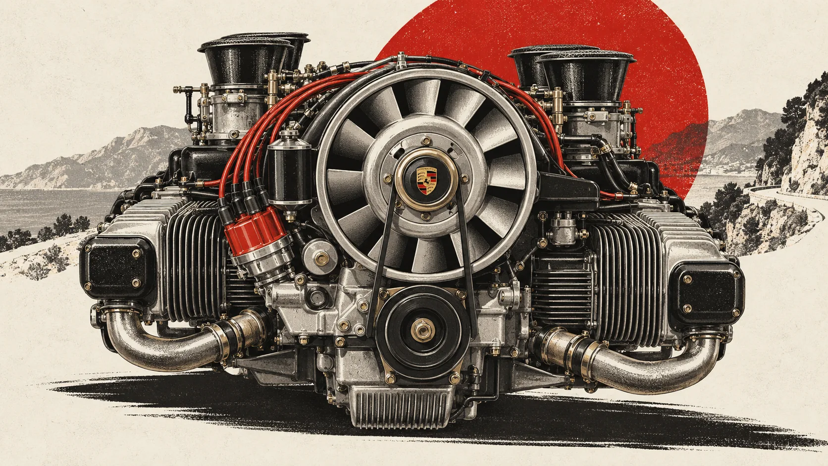 Moteur Porsche six cylindres à plat refroidi par air, sa turbine de refroidissement au centre