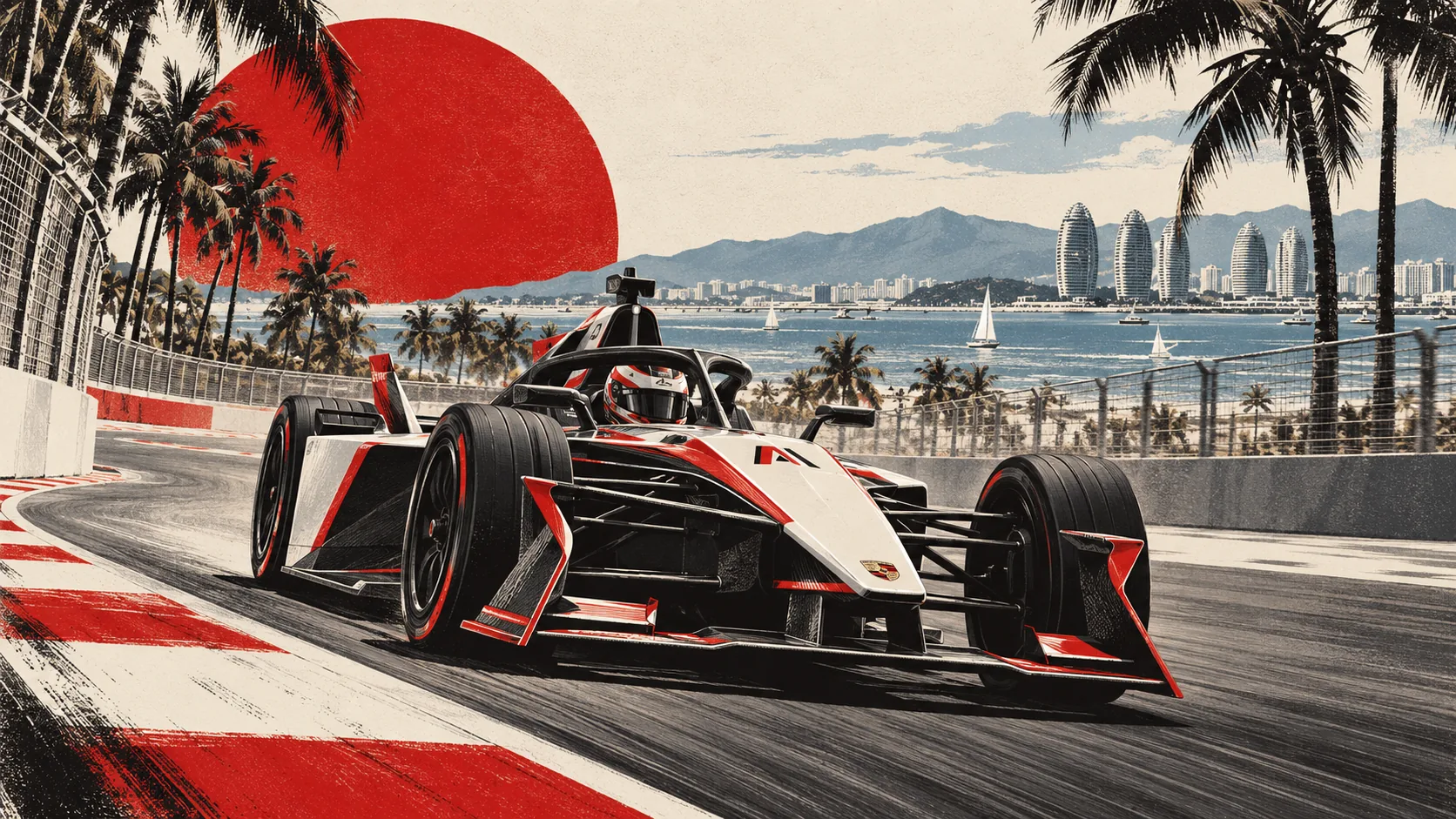 Monoplace de Formula E sur le circuit urbain de Sanya, entre palmiers et bord de mer