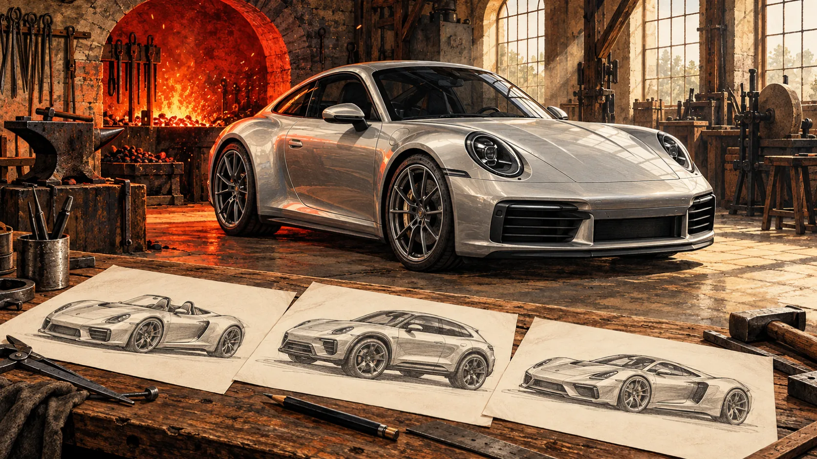 Illustration : une Porsche 911 grise dans une forge d'artisan, devant un établi couvert d'esquisses d'un roadster, d'un SUV et d'une super sportive.