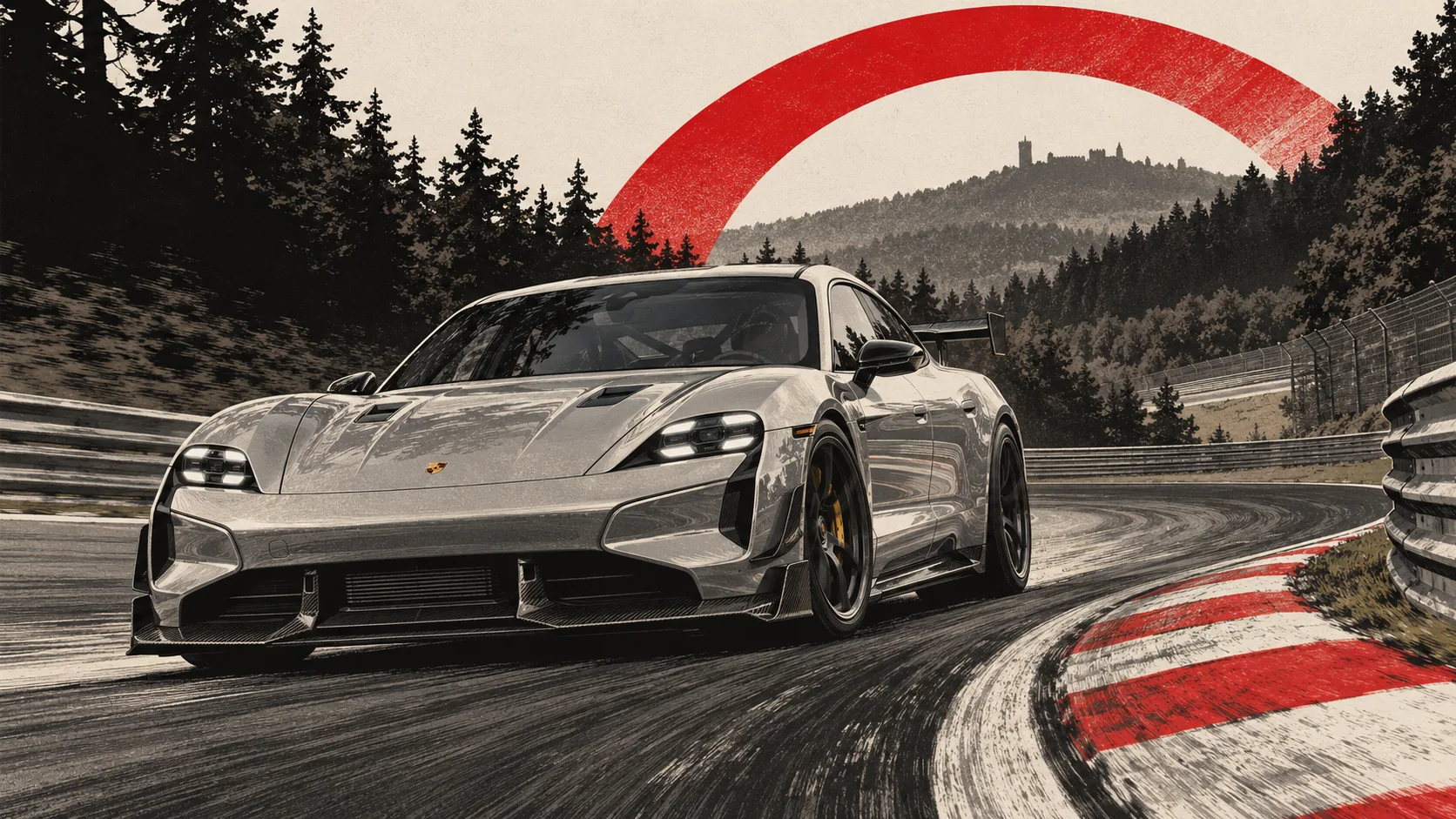 Porsche Taycan Turbo GT grise dans un virage du Nürburgring, en forêt