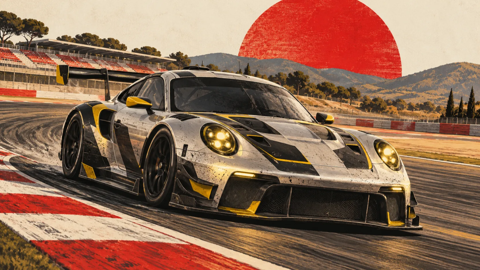 Illustration : une Porsche 911 GT3 R grise, noire et jaune aborde un virage d'un circuit bordé de pins et de collines, sous un grand soleil rouge.